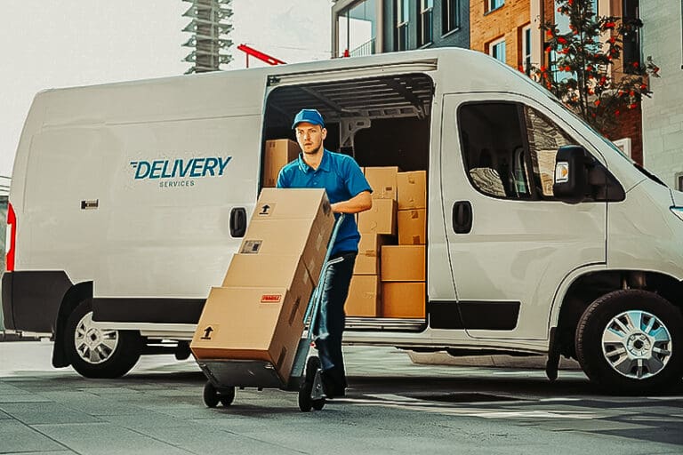 delivery van with worker moving packages