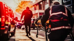 Paramedic transporting a victim of a large truck car accident