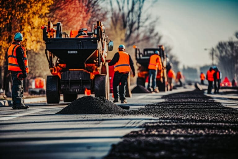 Asphalt contractors working on road