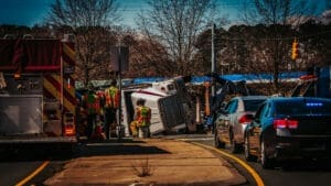 Large Hauling Truck overturned in accident on highway - call truck Accident Lawyers Group to see if we can help you